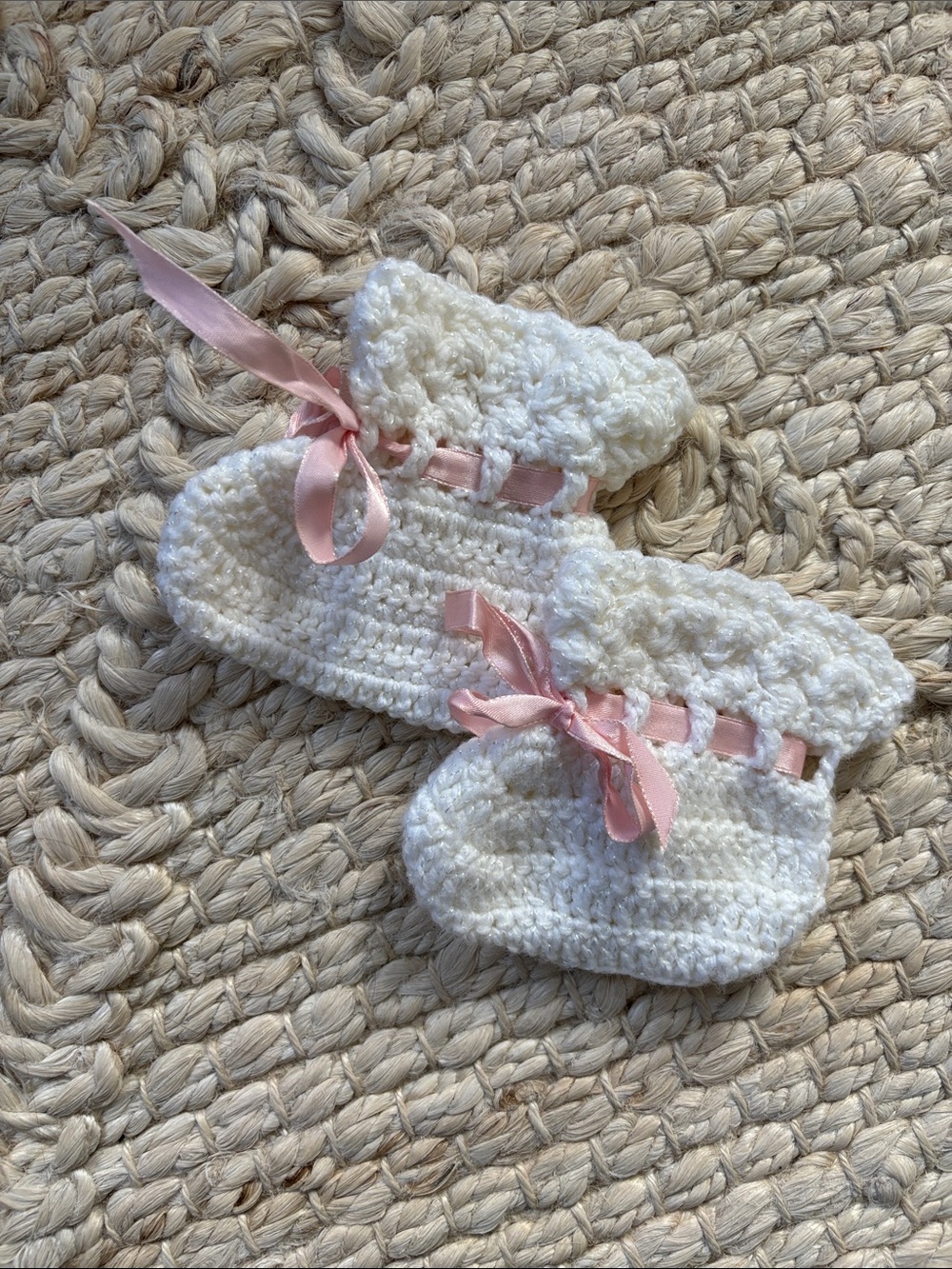 Handmade White Crochet Baby Booties with Pink Ribbon Vintage